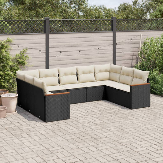 Garden furniture set with cushions, 9 pieces, black, polyrattan