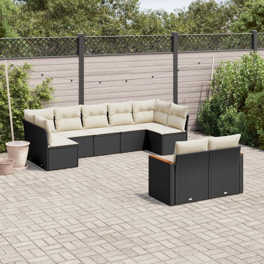 Garden furniture set with cushions, 9 pieces, black, polyrattan