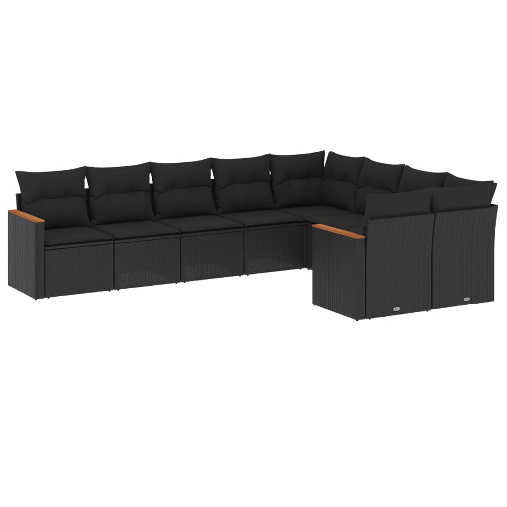 Set mobilier de grădină cu perne, 9 piese, negru, poliratan