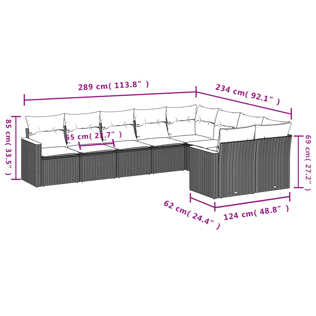 Set mobilier de grădină cu perne, 9 piese, negru, poliratan