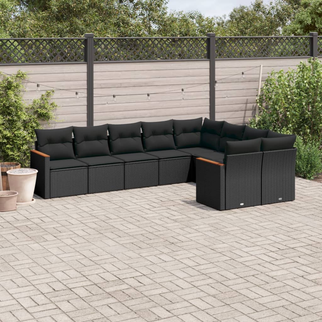 Garden furniture set with cushions, 9 pieces, black, polyrattan