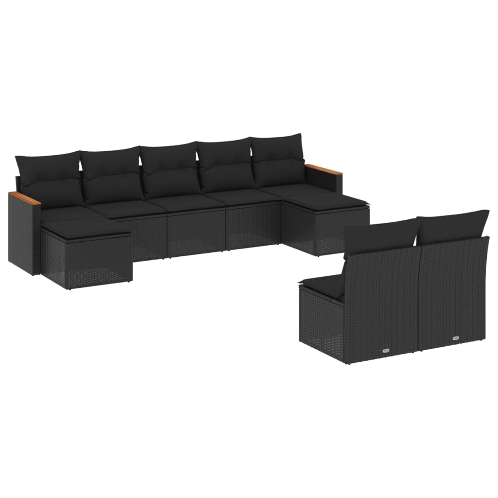 Garden furniture set with cushions, 9 pieces, black, polyrattan