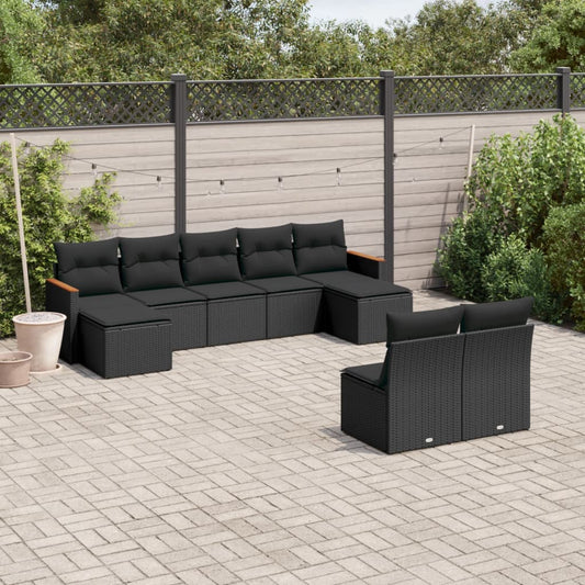 Garden furniture set with cushions, 9 pieces, black, polyrattan