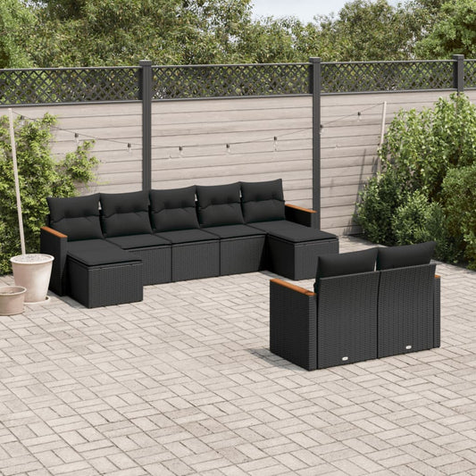 Garden furniture set with cushions, 9 pieces, black, polyrattan