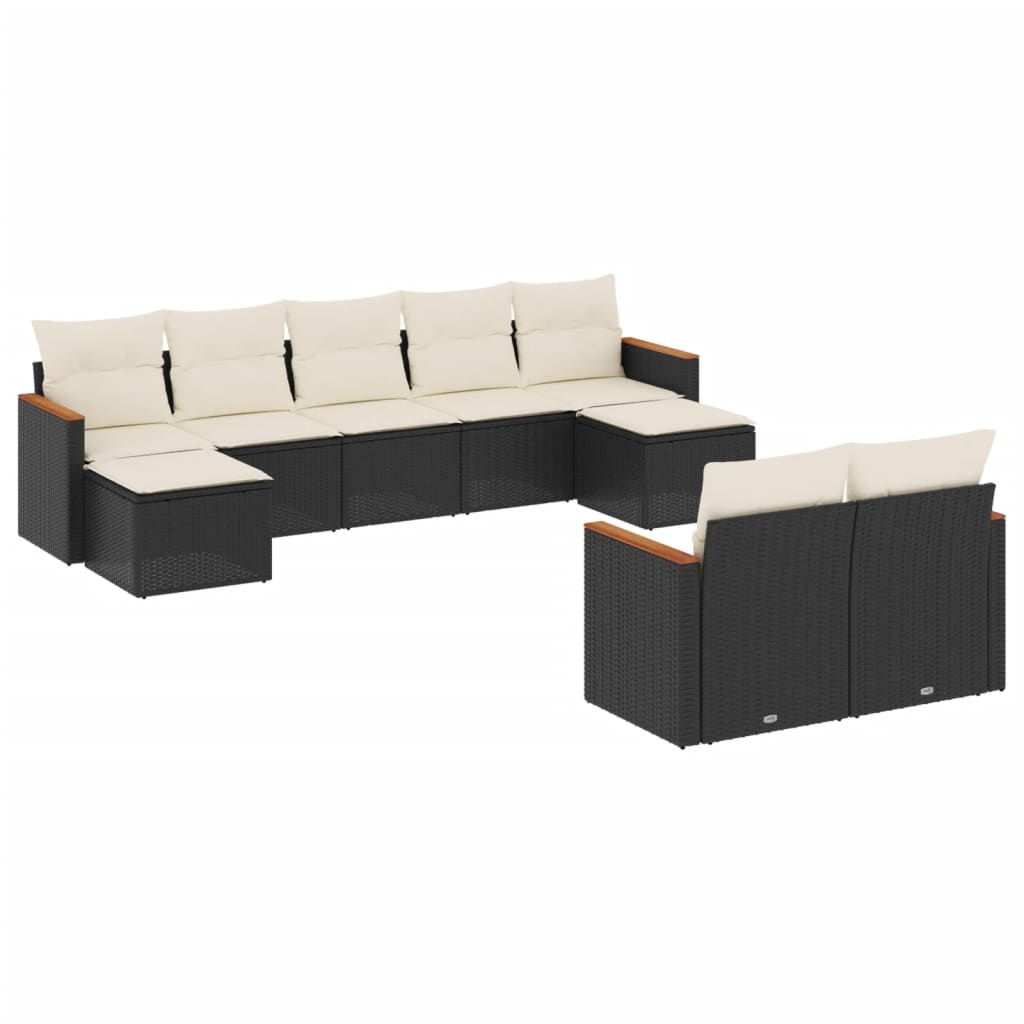 Set mobilier de grădină cu perne, 9 piese, negru, poliratan