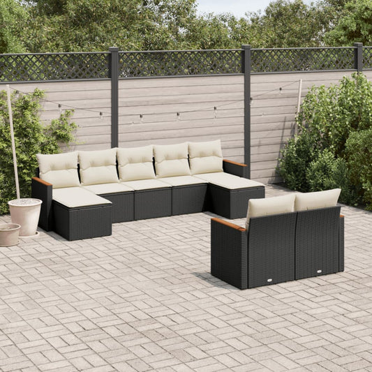 Garden furniture set with cushions, 9 pieces, black, polyrattan