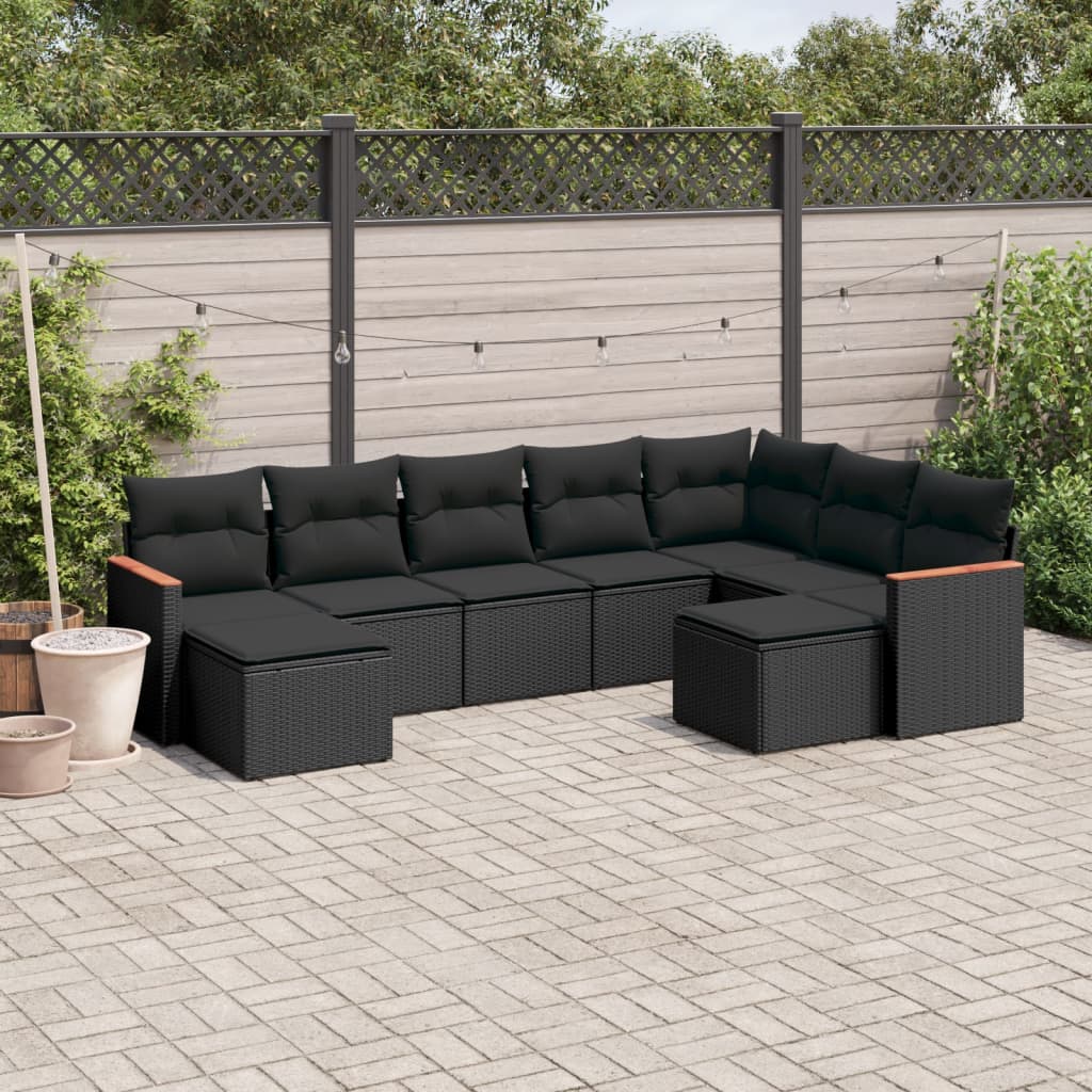 Garden furniture set with cushions, 9 pieces, black, polyrattan