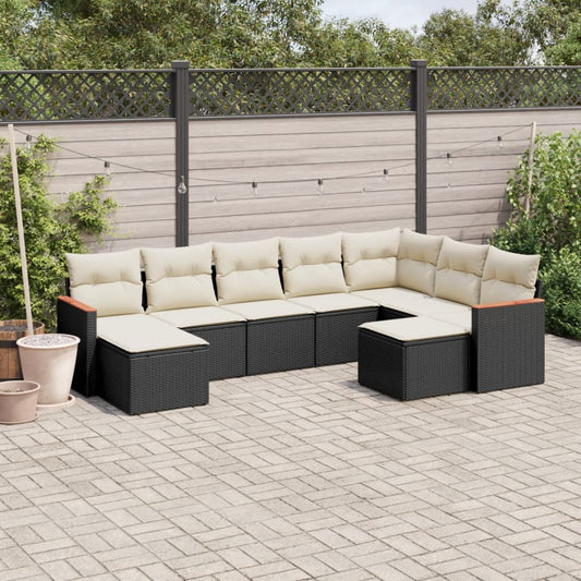 Garden furniture set with cushions, 9 pieces, black, polyrattan