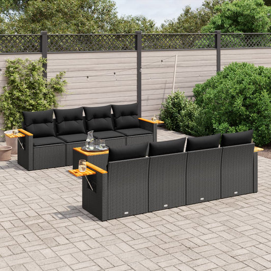 Garden furniture set with cushions, 9 pieces, black, polyrattan