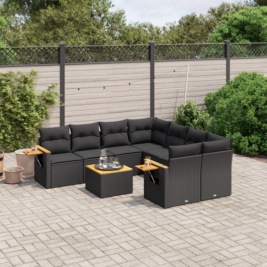 Garden furniture set with cushions, 9 pieces, black, polyrattan