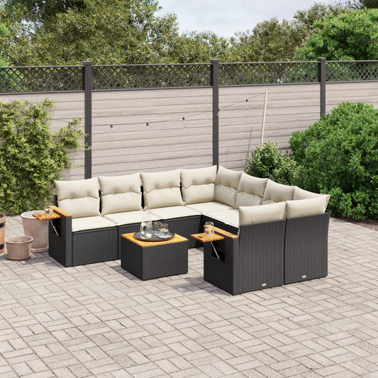 Garden furniture set with cushions, 9 pieces, black, polyrattan