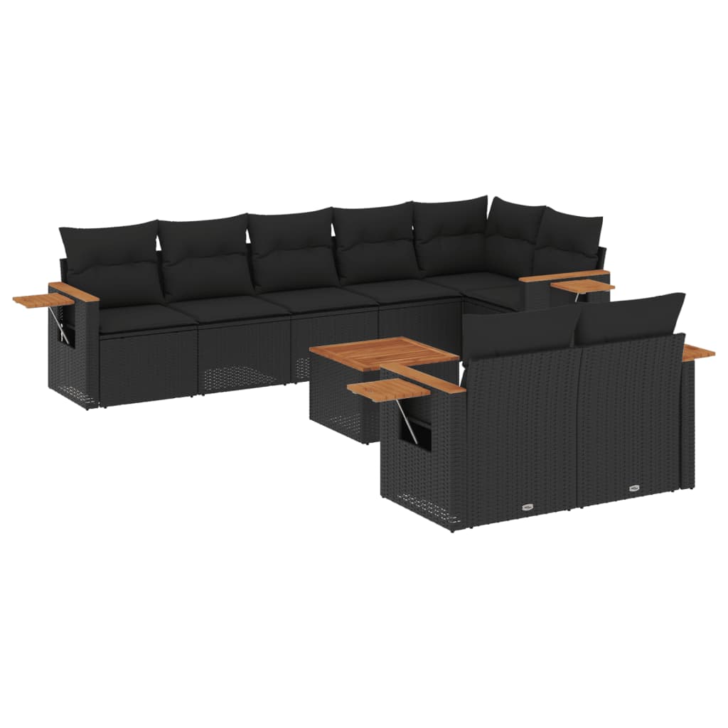 Set mobilier de grădină cu perne, 9 piese, negru, poliratan