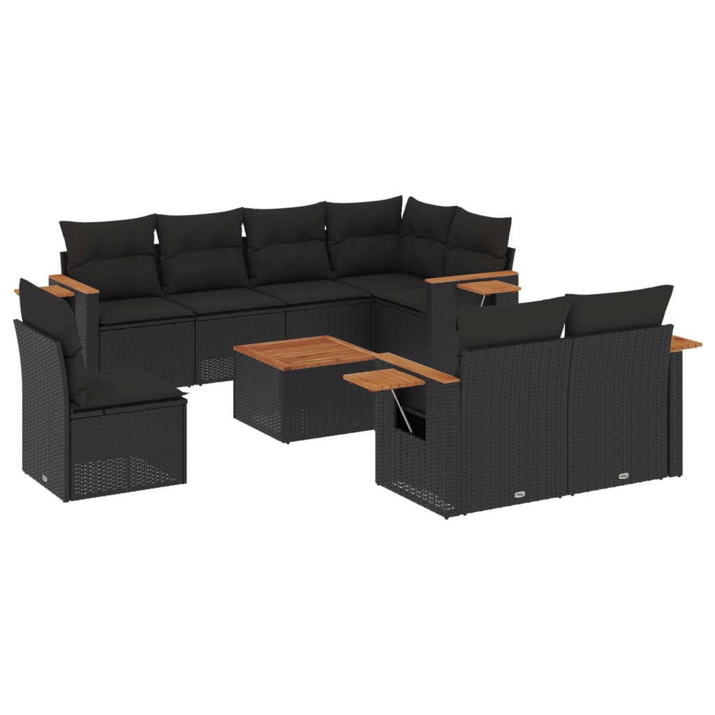 Set mobilier de grădină cu perne, 9 piese, negru, poliratan