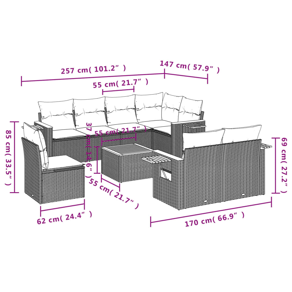 Set mobilier de grădină cu perne, 9 piese, negru, poliratan