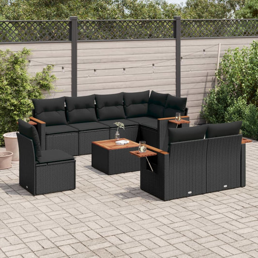 Garden furniture set with cushions, 9 pieces, black, polyrattan