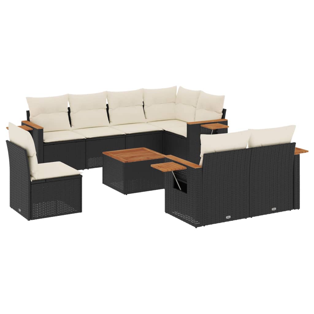 Set mobilier de grădină cu perne, 9 piese, negru, poliratan