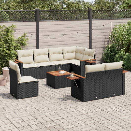 Garden furniture set with cushions, 9 pieces, black, polyrattan