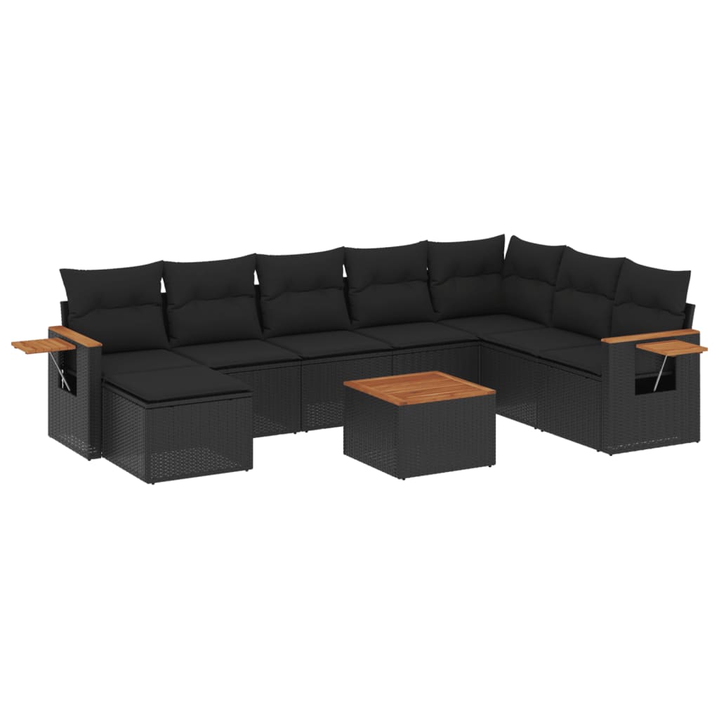 Set mobilier de grădină cu perne, 9 piese, negru, poliratan