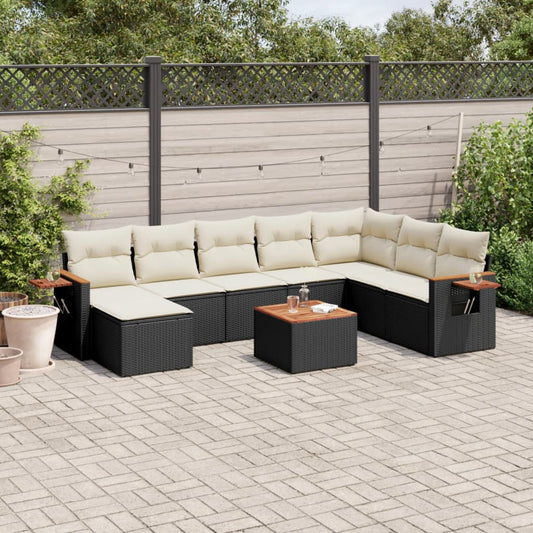 Garden furniture set with cushions, 9 pieces, black, polyrattan