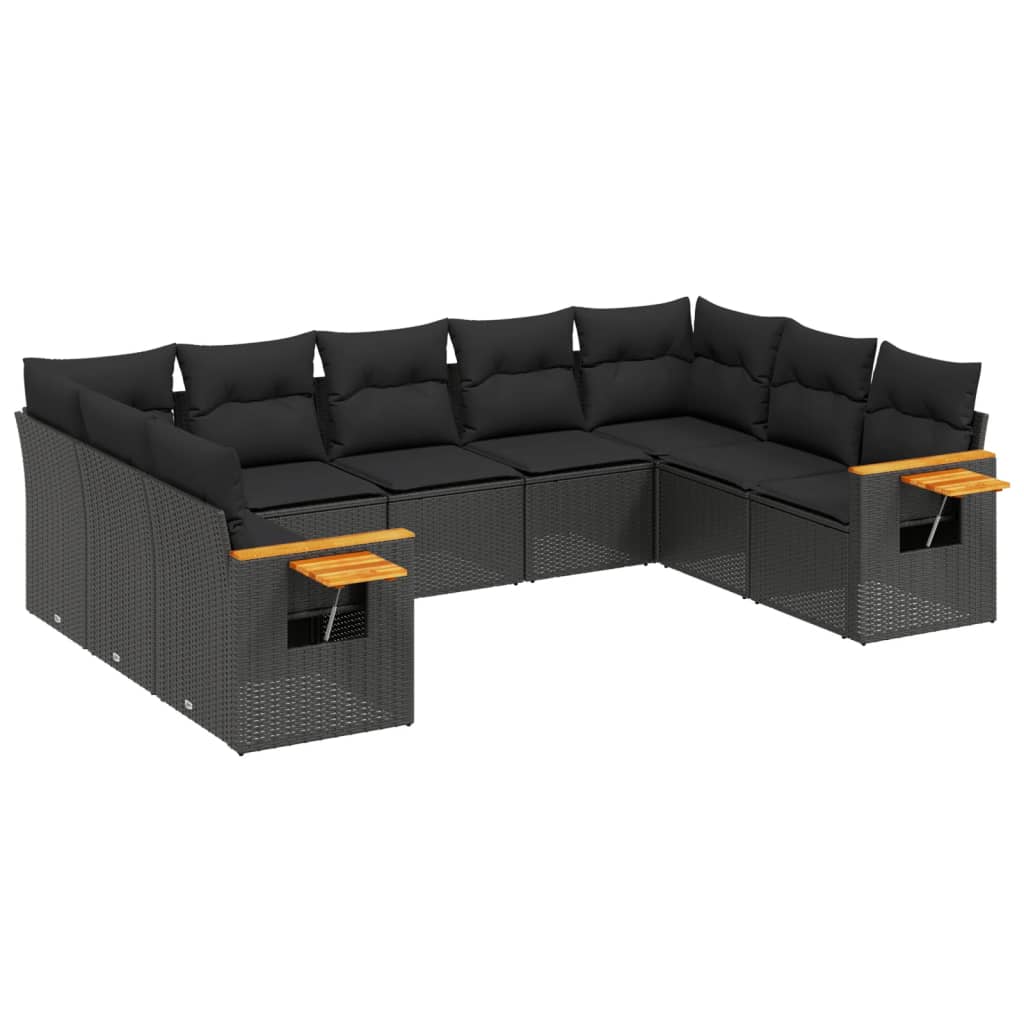 Set mobilier de grădină cu perne, 9 piese, negru, poliratan