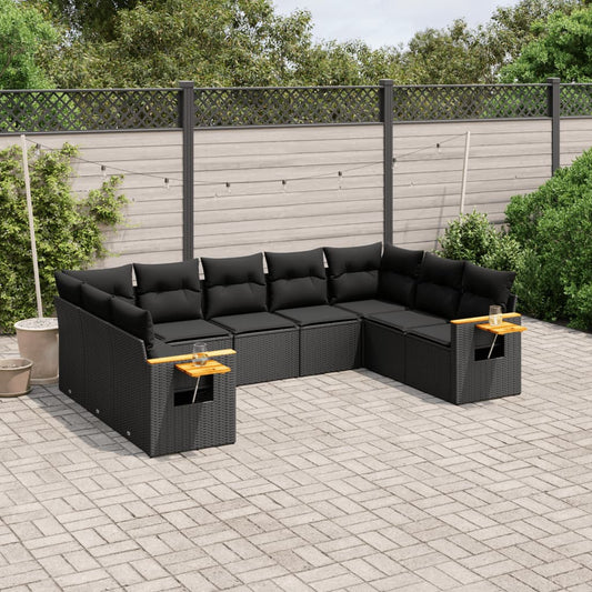 Garden furniture set with cushions, 9 pieces, black, polyrattan