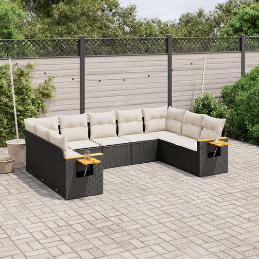 Garden furniture set with cushions, 9 pieces, black, polyrattan