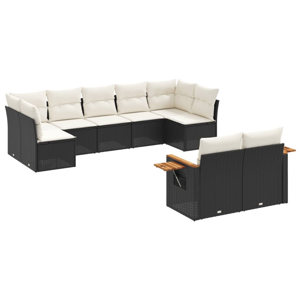 Set mobilier de grădină cu perne, 9 piese, negru, poliratan