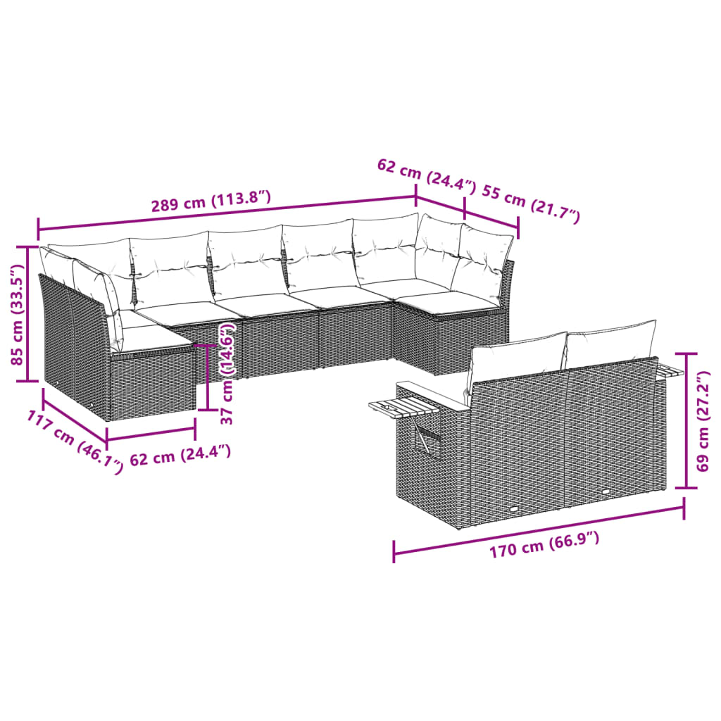 Set mobilier de grădină cu perne, 9 piese, negru, poliratan