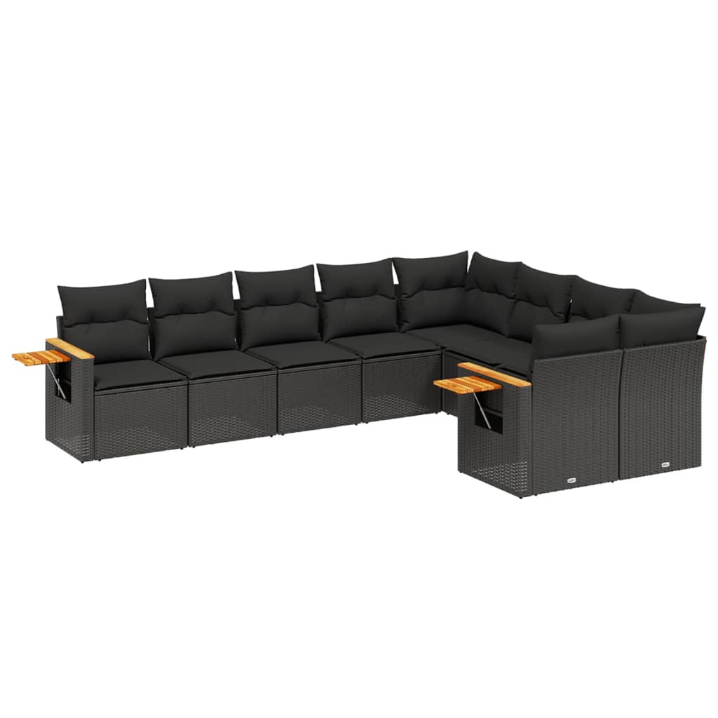 Set mobilier de grădină cu perne, 9 piese, negru, poliratan