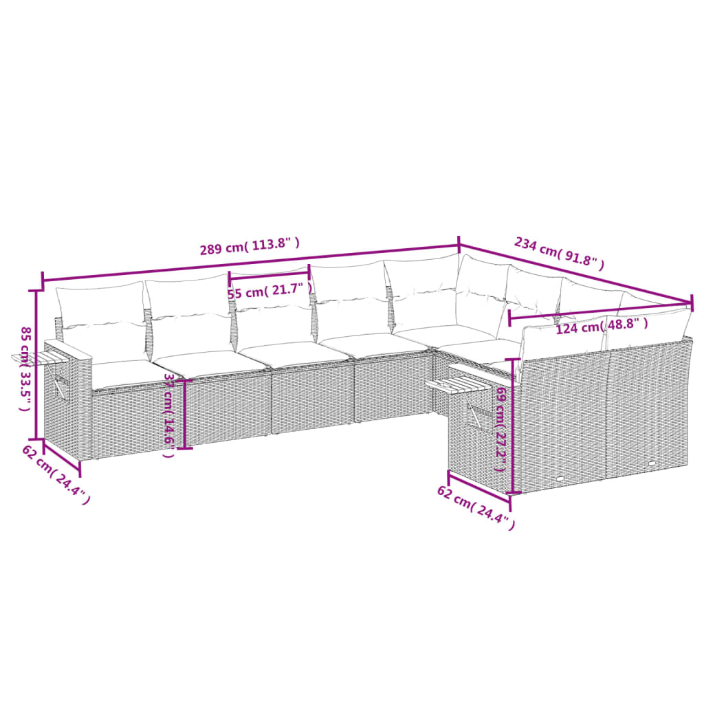 Set mobilier de grădină cu perne, 9 piese, negru, poliratan