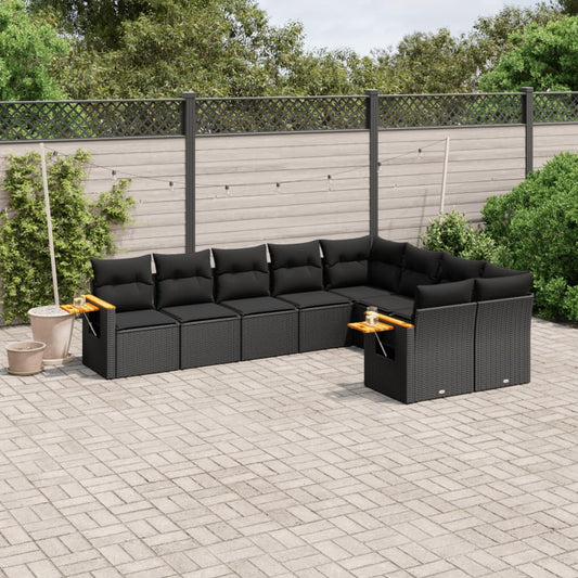 Garden furniture set with cushions, 9 pieces, black, polyrattan