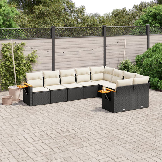 Garden furniture set with cushions, 9 pieces, black, polyrattan