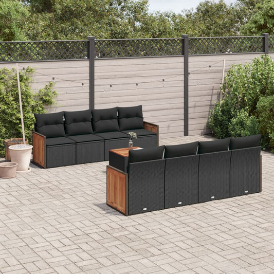 Garden furniture set with cushions, 9 pieces, black, polyrattan