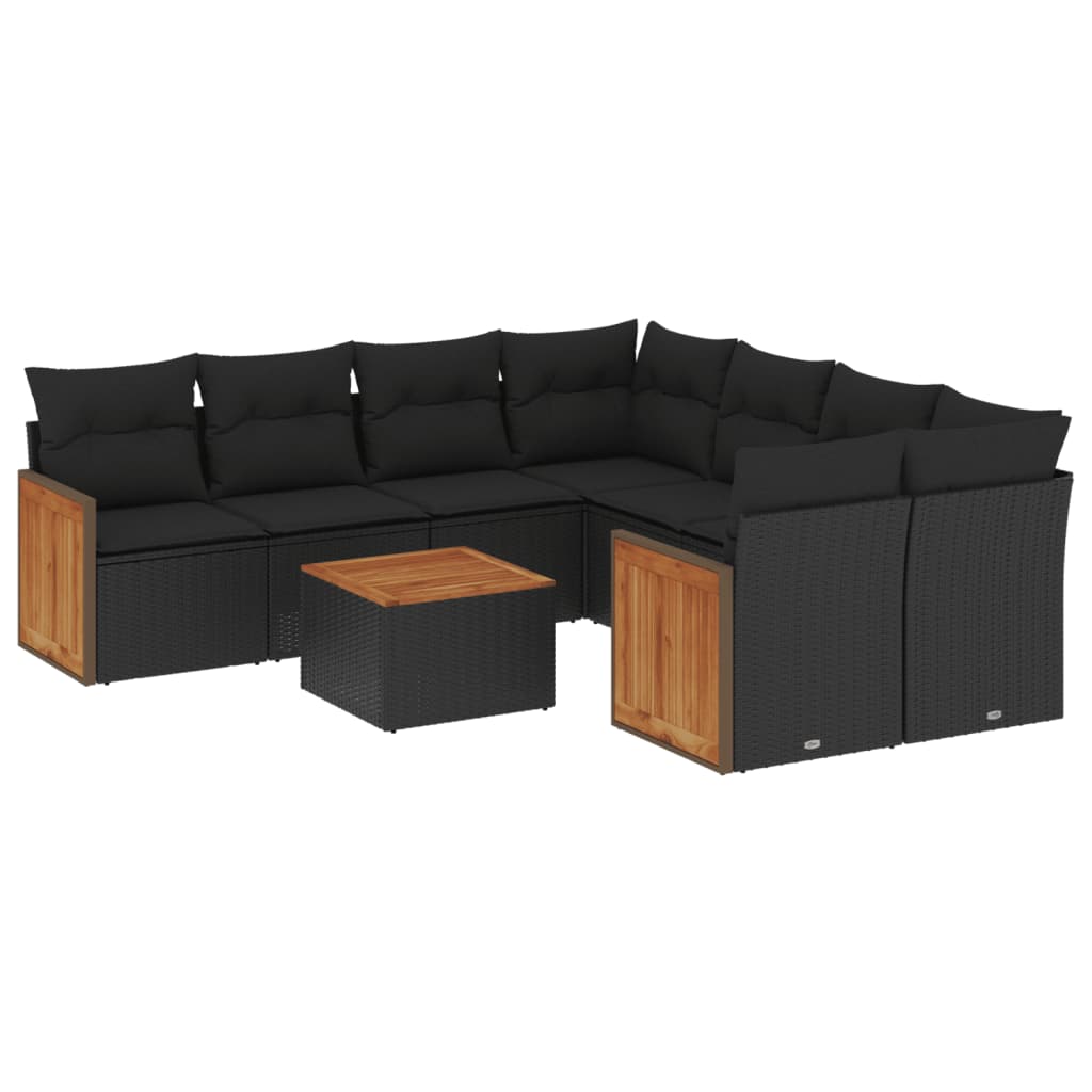 Garden furniture set with cushions, 9 pieces, black, polyrattan