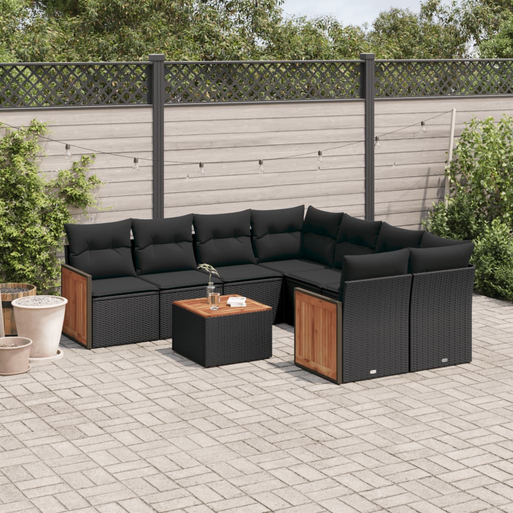 Garden furniture set with cushions, 9 pieces, black, polyrattan