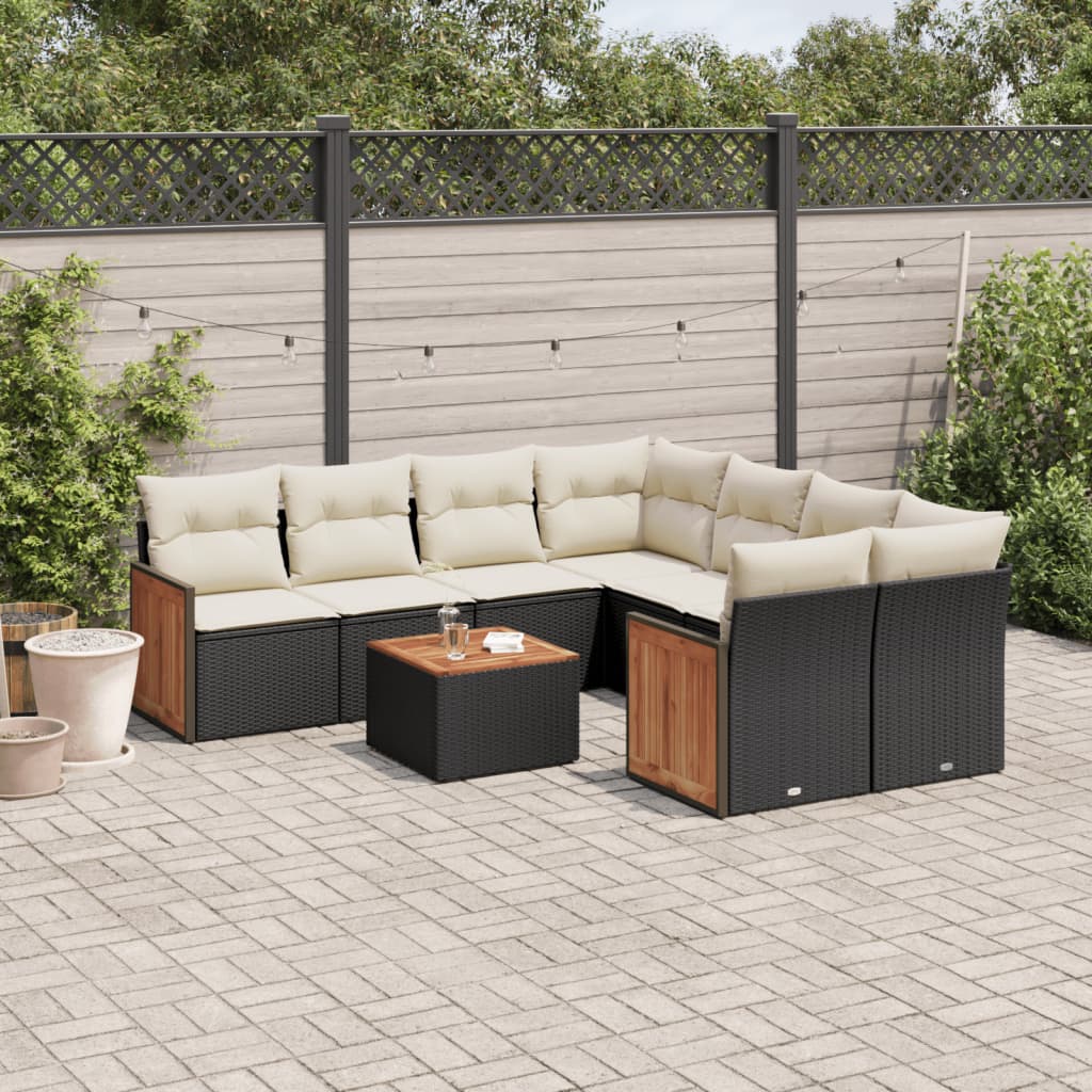 Garden furniture set with cushions, 9 pieces, black, polyrattan