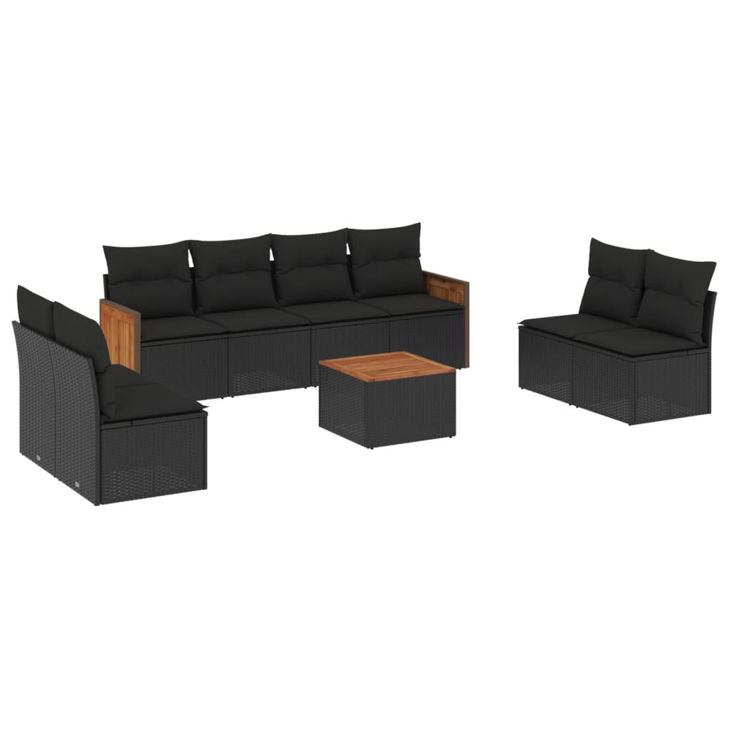 Garden furniture set with cushions, 9 pieces, black, polyrattan