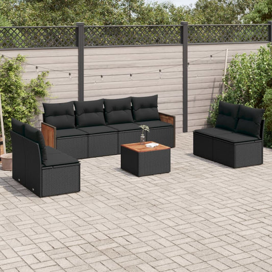 Garden furniture set with cushions, 9 pieces, black, polyrattan