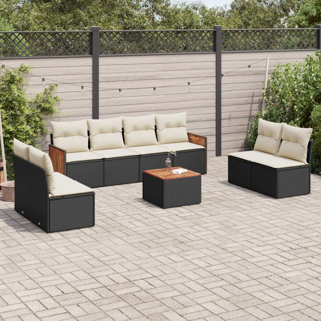 Garden furniture set with cushions, 9 pieces, black, polyrattan