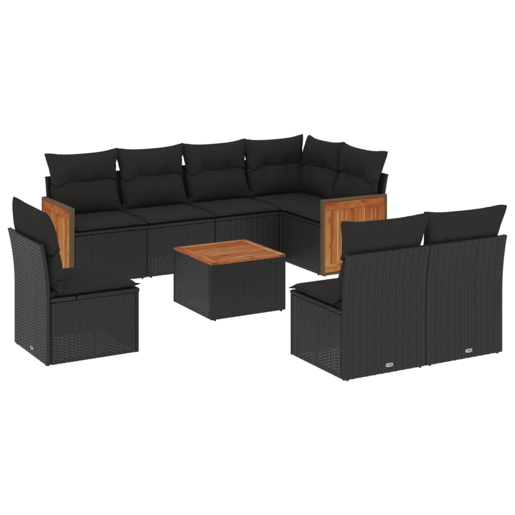 Garden furniture set with cushions, 9 pieces, black, polyrattan