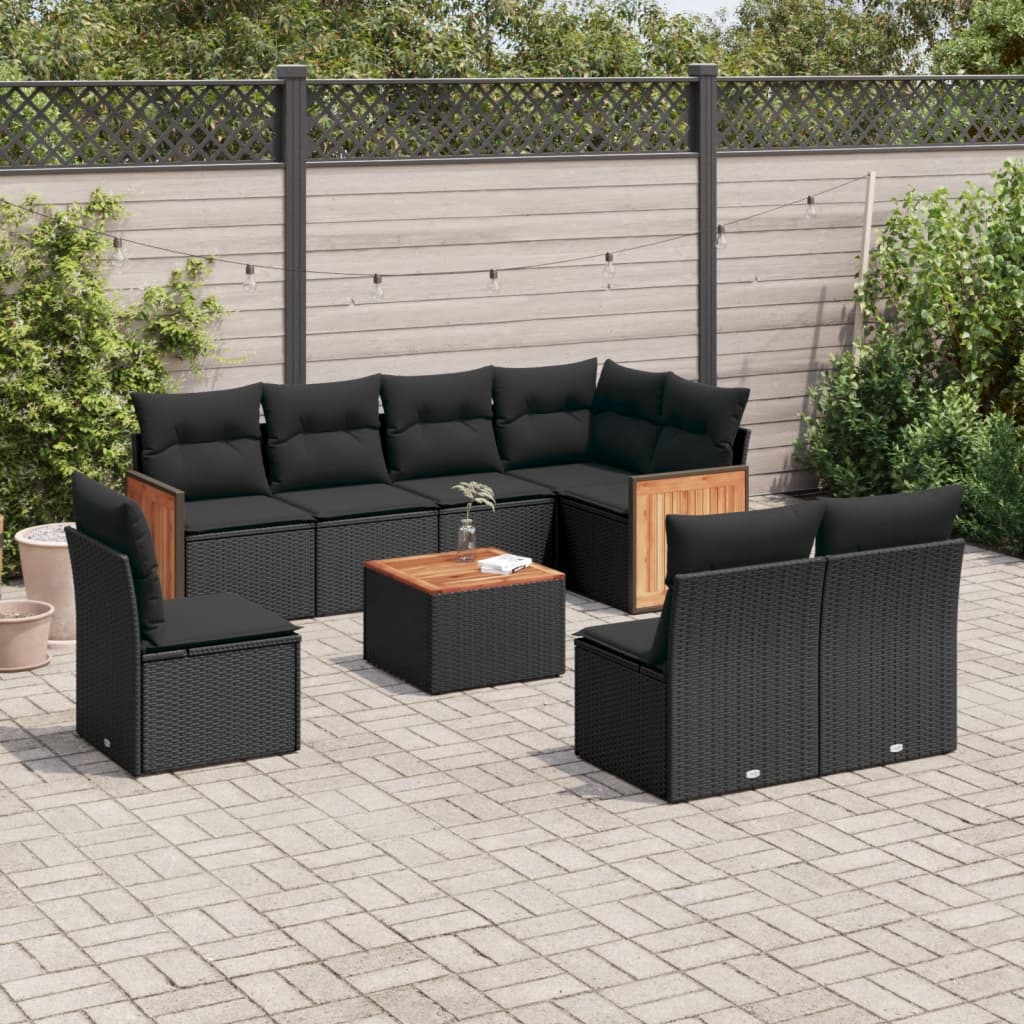 Garden furniture set with cushions, 9 pieces, black, polyrattan