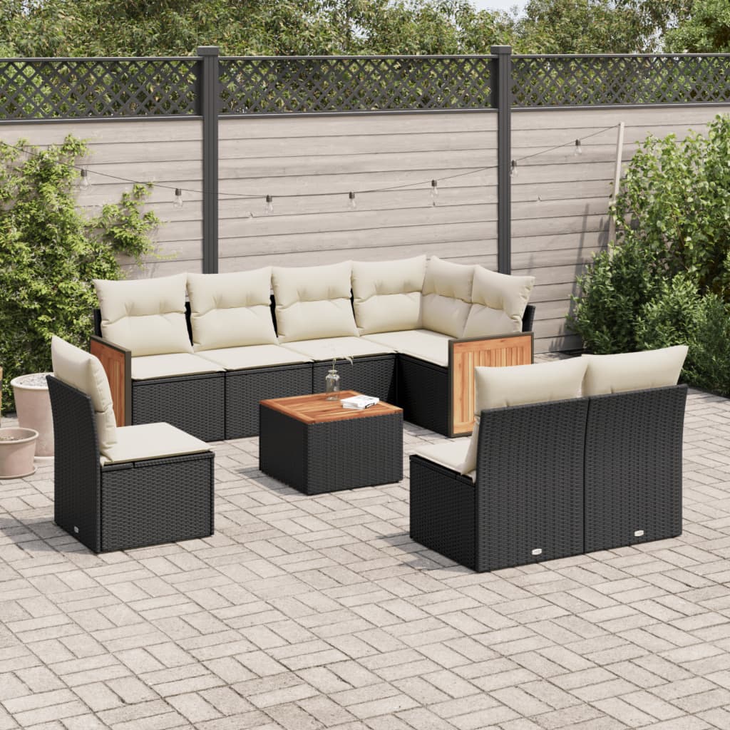 Garden furniture set with cushions, 9 pieces, black, polyrattan