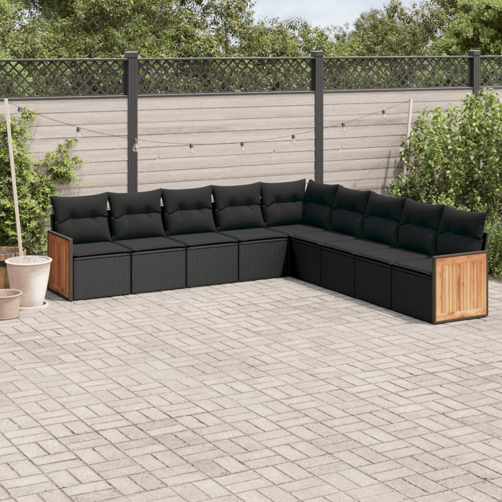 Garden furniture set with cushions, 9 pieces, black, polyrattan