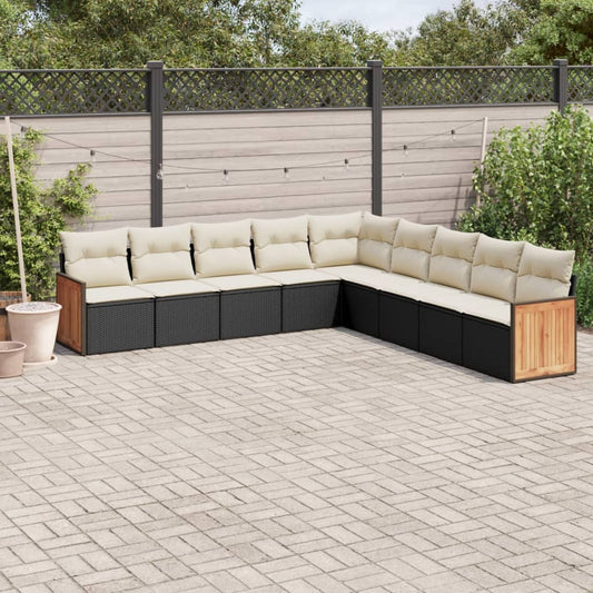 Garden furniture set with cushions, 9 pieces, black, polyrattan