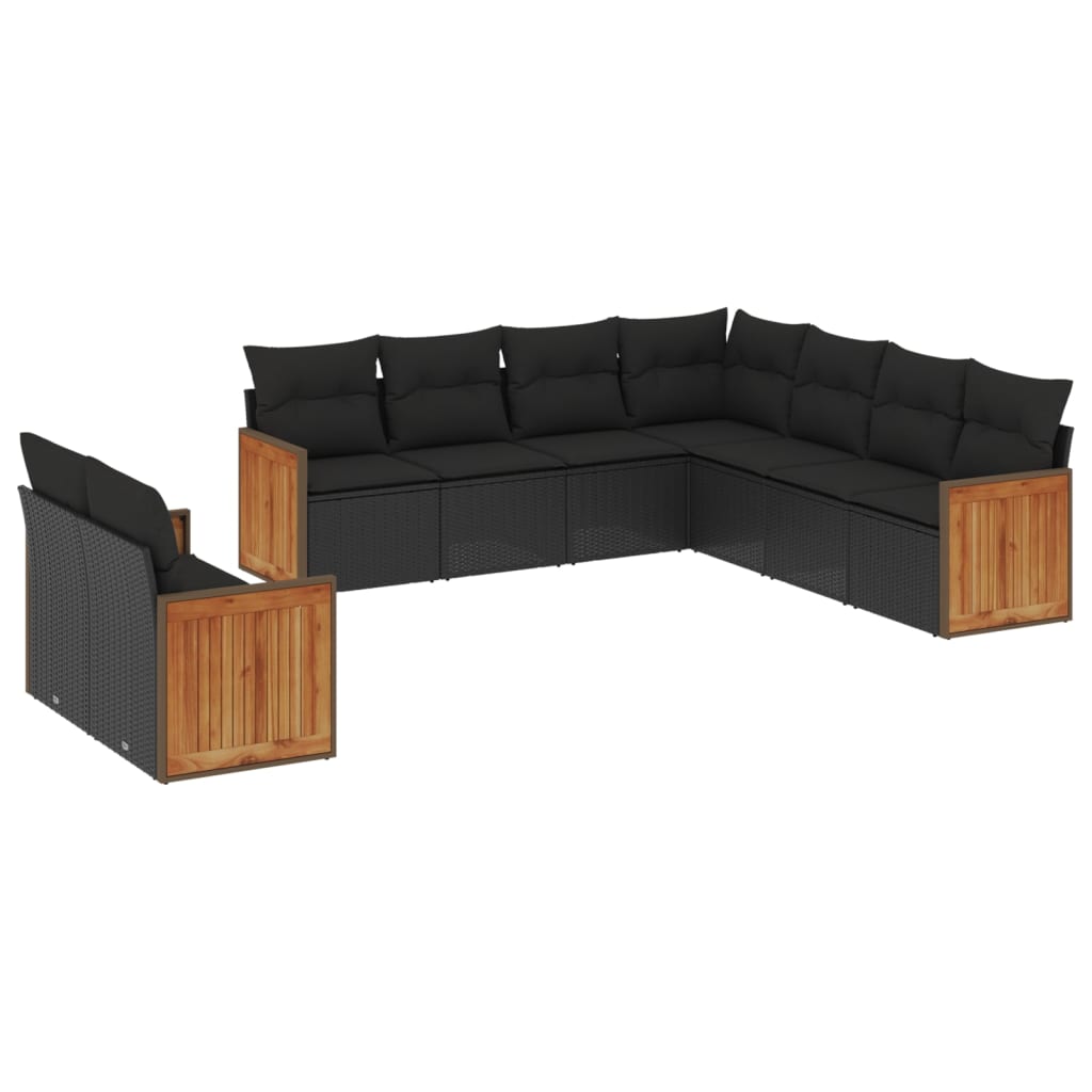 Garden furniture set with cushions, 9 pieces, black, polyrattan