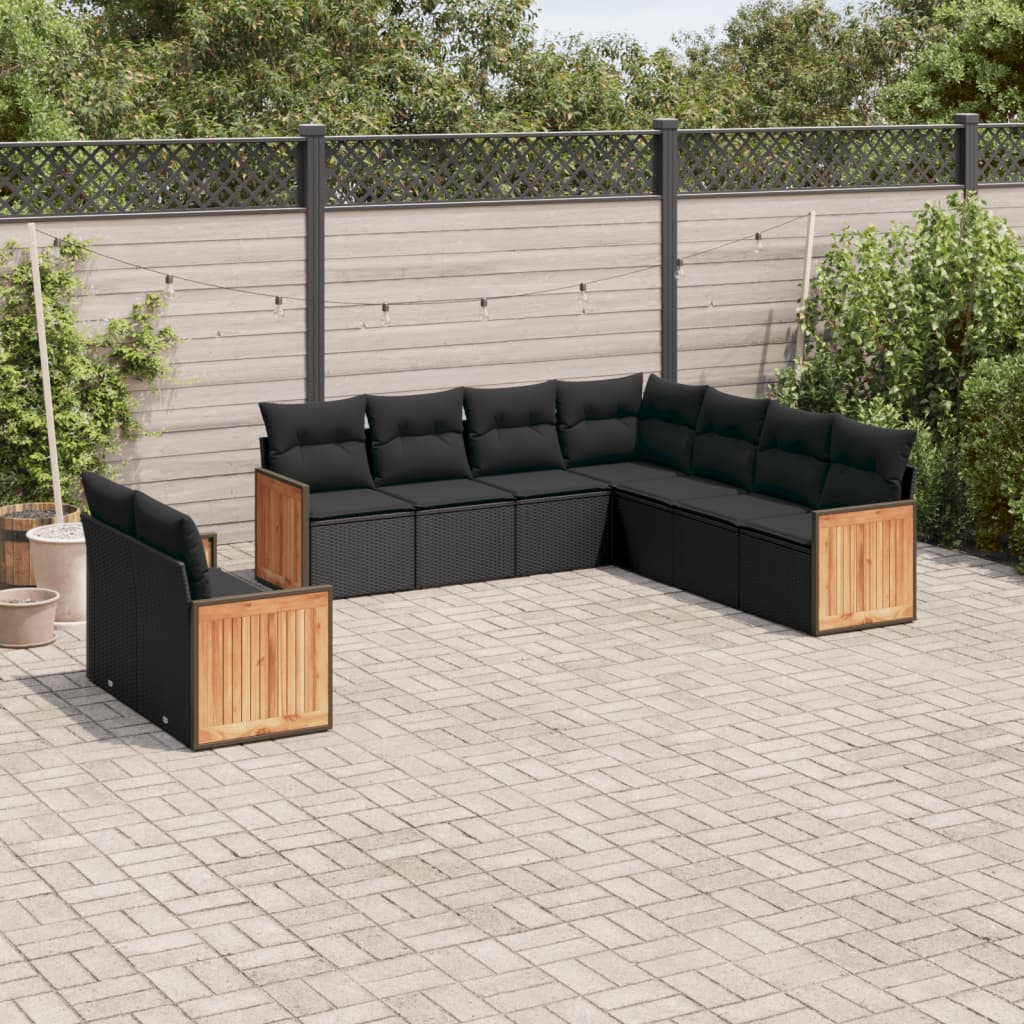 Garden furniture set with cushions, 9 pieces, black, polyrattan