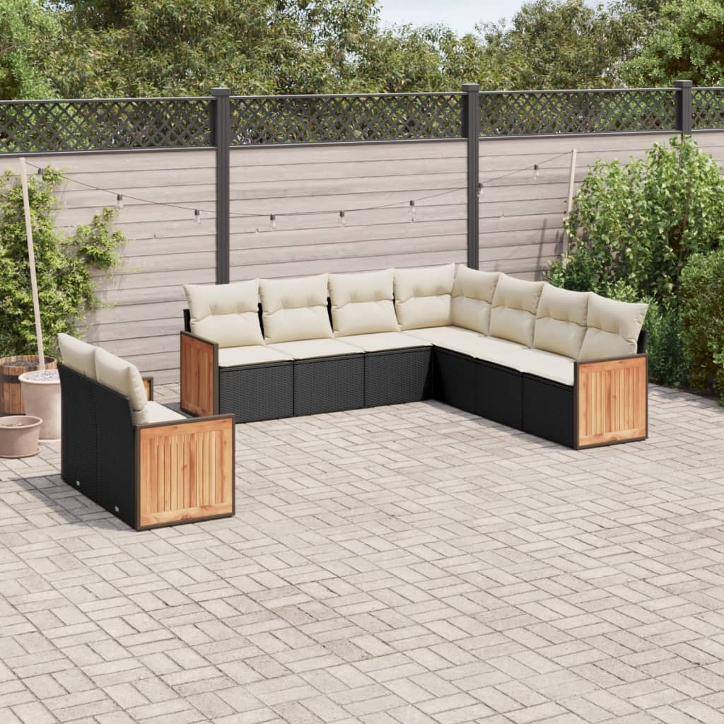 Garden furniture set with cushions, 9 pieces, black, polyrattan