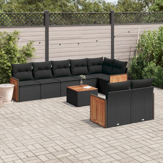 Garden furniture set with cushions, 9 pieces, black, polyrattan