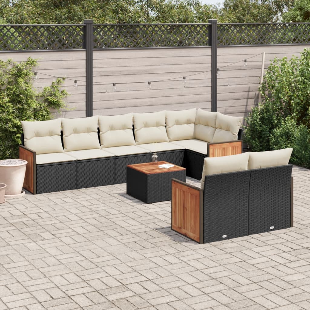 Garden furniture set with cushions, 9 pieces, black, polyrattan