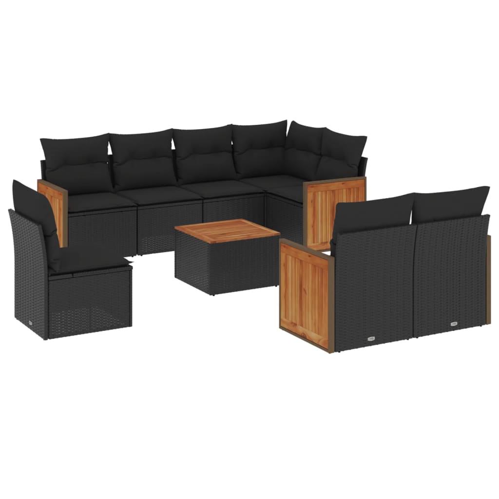 Garden furniture set with cushions, 9 pieces, black, polyrattan